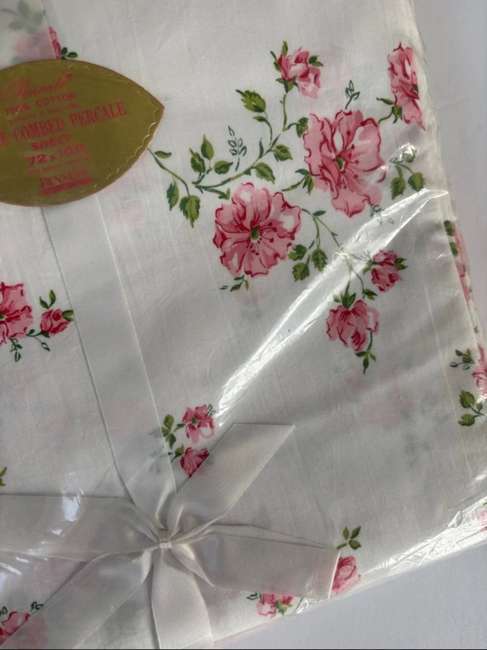 Vintage Penny’s Pencale White Pink Floral Fine Combed (2) Flat Bed Sheets 72x108